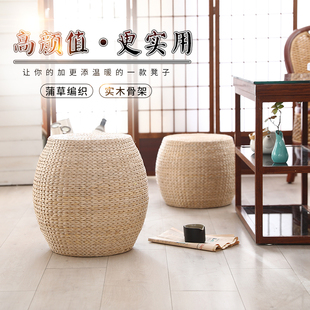 客厅沙发茶几凳椅草编墩子实木板凳换鞋 小凳子家用矮凳圆凳时尚 凳