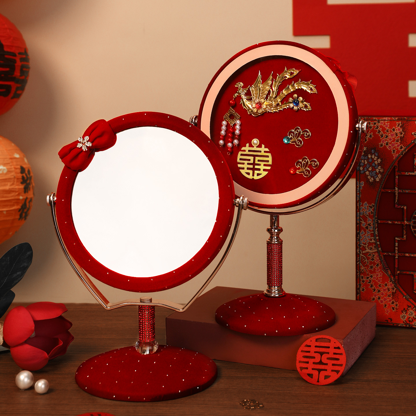 结婚专用红镜子一对新娘陪嫁套装
