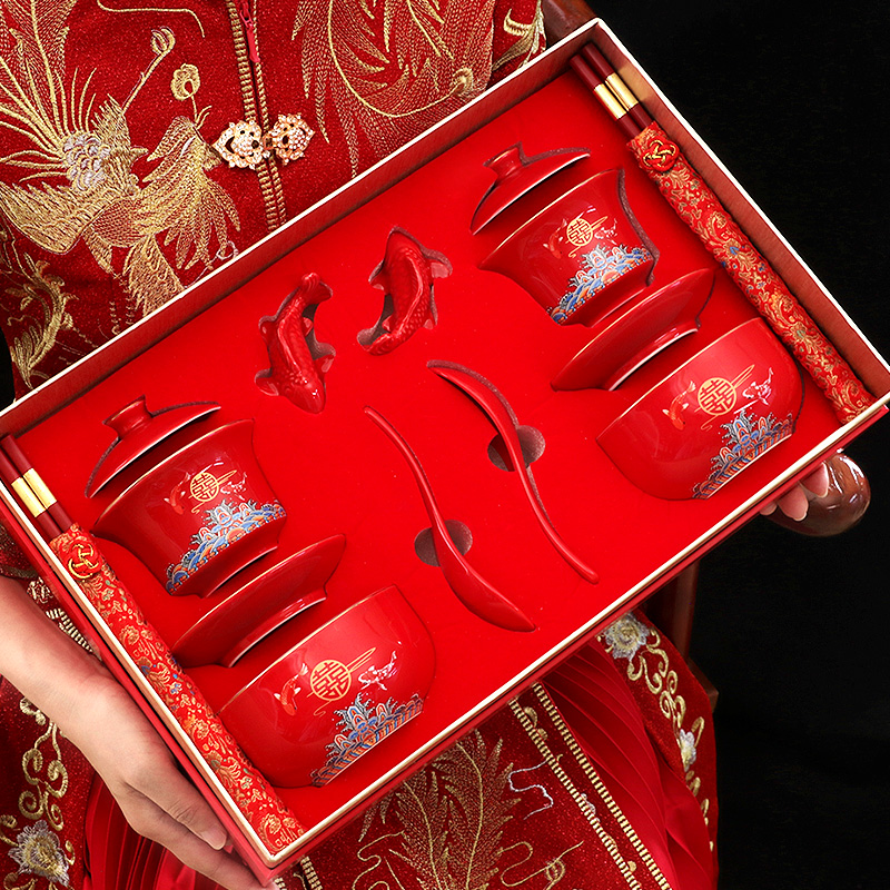 婚庆敬茶杯陶瓷喜碗对送新人陪嫁