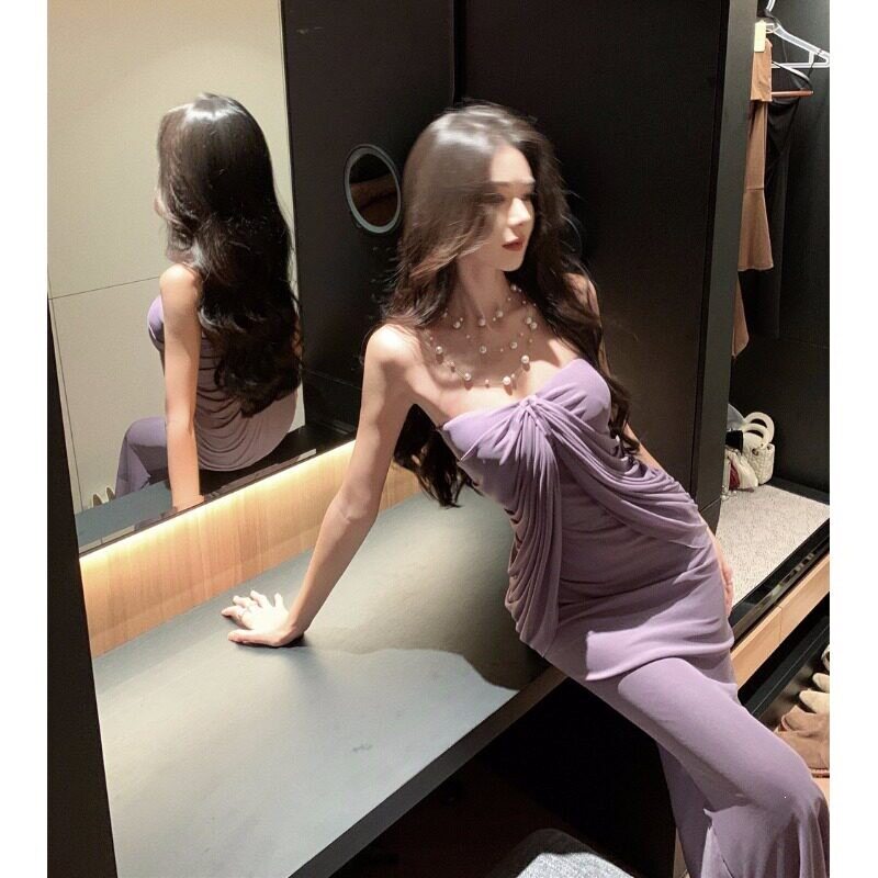 紫色抹胸连衣裙御姐气质时尚修身设计感假两件套披肩褶皱包臀裙子