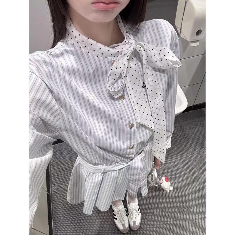 学院风拼接撞色条纹衬衫短裙秋季设计感波点收腰系带连衣裙女
