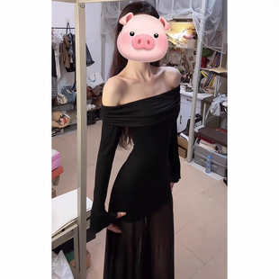 黑色网纱一字肩连衣裙女秋季纯欲气质辣妹小个子修身显瘦长袖长裙