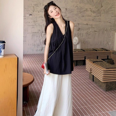 夏季新款黑色V领中长背心女