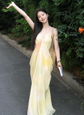 法式仙女气质海边度假长裙垂坠感黄色晕染印花v领吊带连衣裙女夏