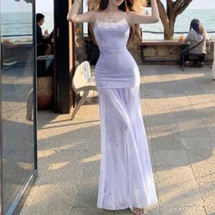 紫色网纱吊带连衣裙女夏季收腰长裙子鱼尾裙初夏精致连衣裙