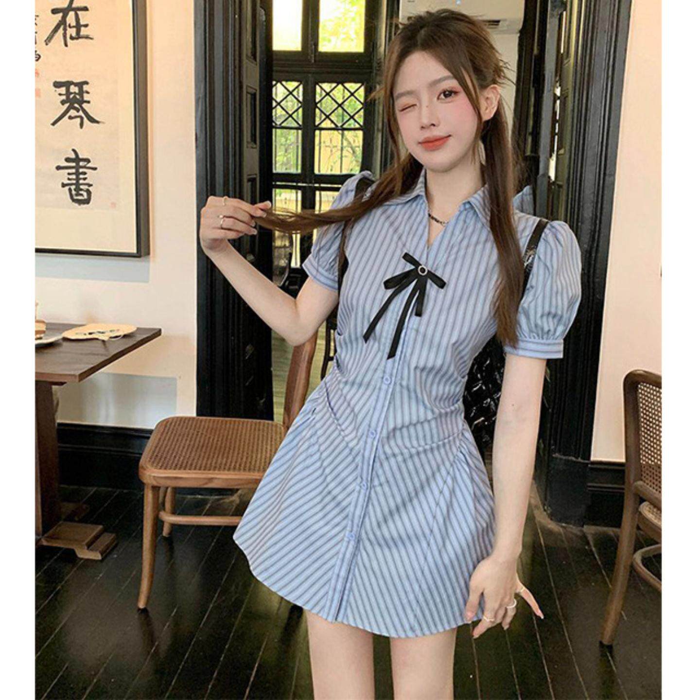 学院风收腰显瘦条纹衬衫裙+高腰
