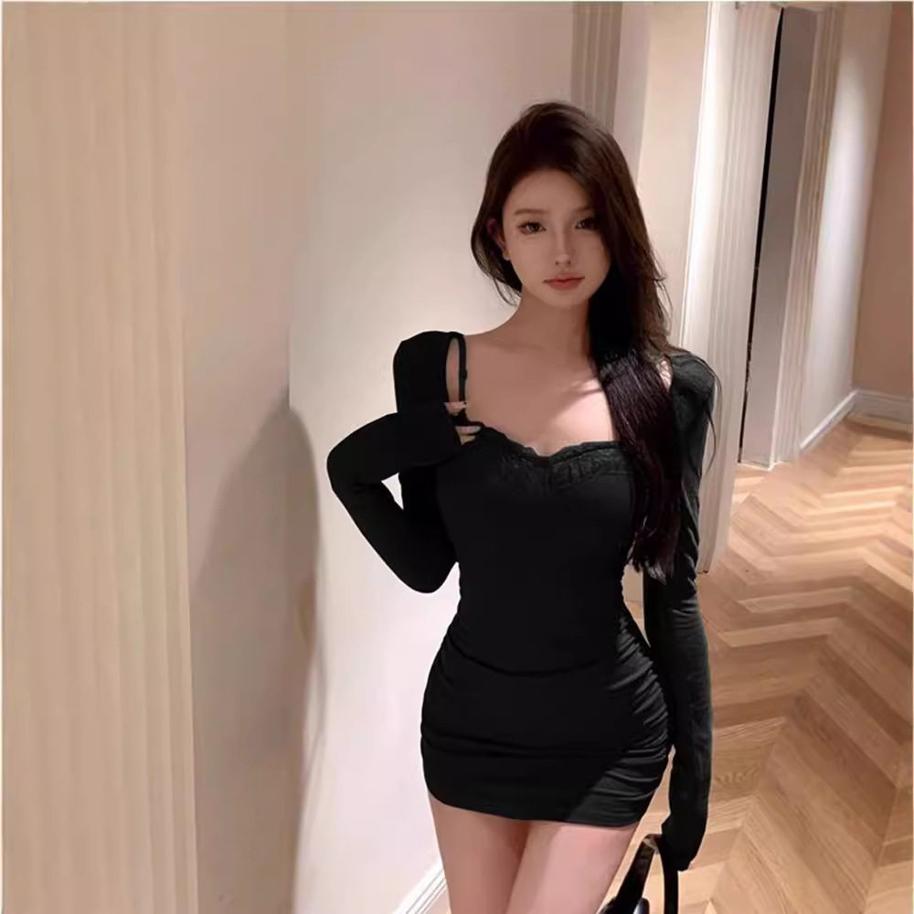 纯欲御姐风领口蕾丝内搭长袖连衣裙女秋冬新款修身显瘦包臀裙,女装/女士精品,连衣裙,淘宝优惠券,粉丝福利购,淘宝优惠卷