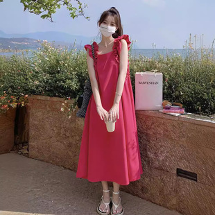 方领显瘦木耳边连衣裙 法式 火龙果色背带长裙背心裙女夏季 2026新款