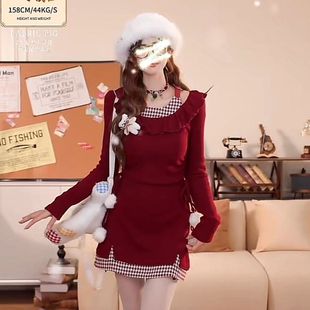 辣妹圣诞红色格子荷叶连衣裙女长袖春秋季新款收腰显瘦短裙裙子