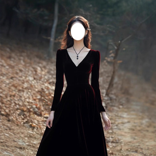 赫本风年会晚礼服正式场合宴会生日礼服超好看酒红色绒连衣裙