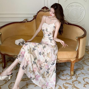 夏季胖mm法式收腰茶歇连衣裙女大码女装超仙中长款气质碎花吊带裙