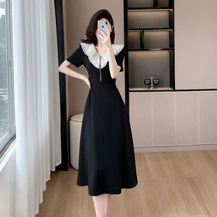 大码 荷叶领赫本风小黑裙胖MM显瘦高级感裙子 法式 甜美连衣裙女夏季
