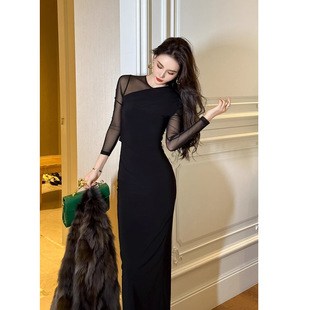 秋冬装新款复古女装法式性感网纱显瘦包臀连衣裙内搭打底裙潮