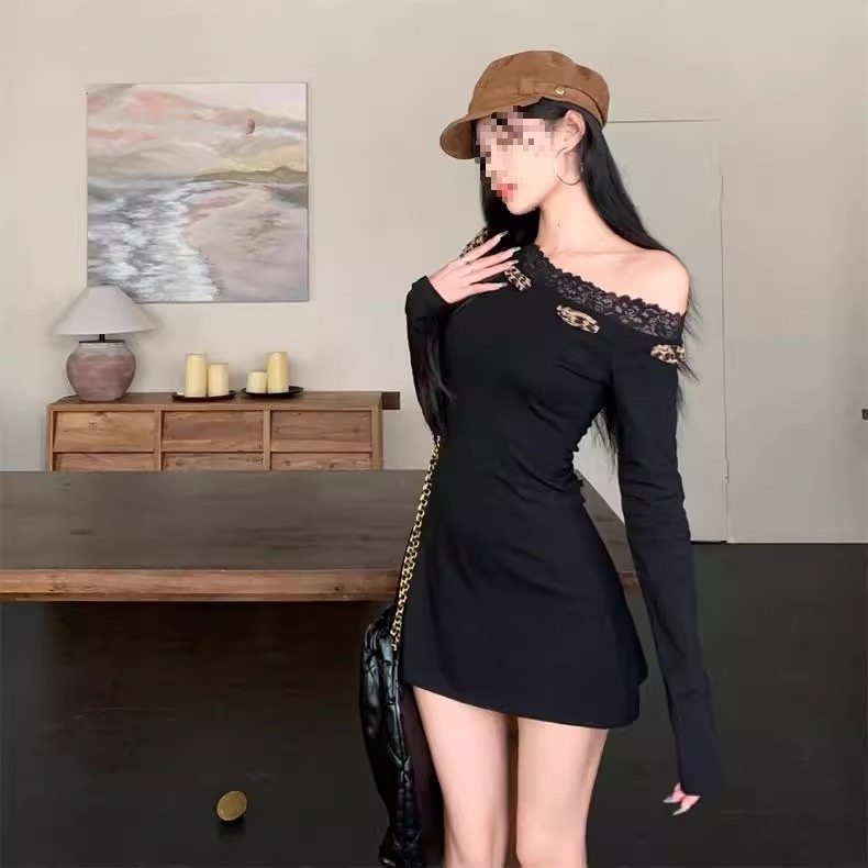 美式辣妹连衣裙女黑色纯欲风掐腰包臀短裙子一字肩蕾丝露肩长袖女,女装/女士精品,连衣裙,淘宝优惠券,粉丝福利购,淘宝优惠卷