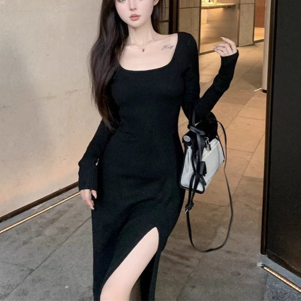 秋冬性感方领长袖连衣裙女新款收腰显瘦修身开叉打底包臀长裙