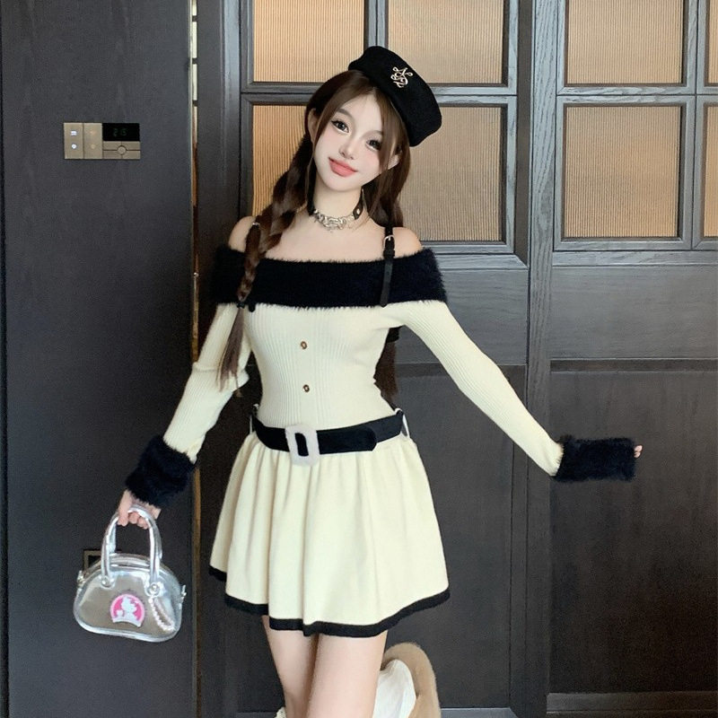 秋季甜辣妹撞色拼接裙子收腰a字短裙一字肩长袖针织吊带连衣裙女,模玩/动漫/周边/娃圈三坑/桌游,lolita洛丽塔连衣裙,淘宝优惠券,粉丝福利购,淘宝优惠卷