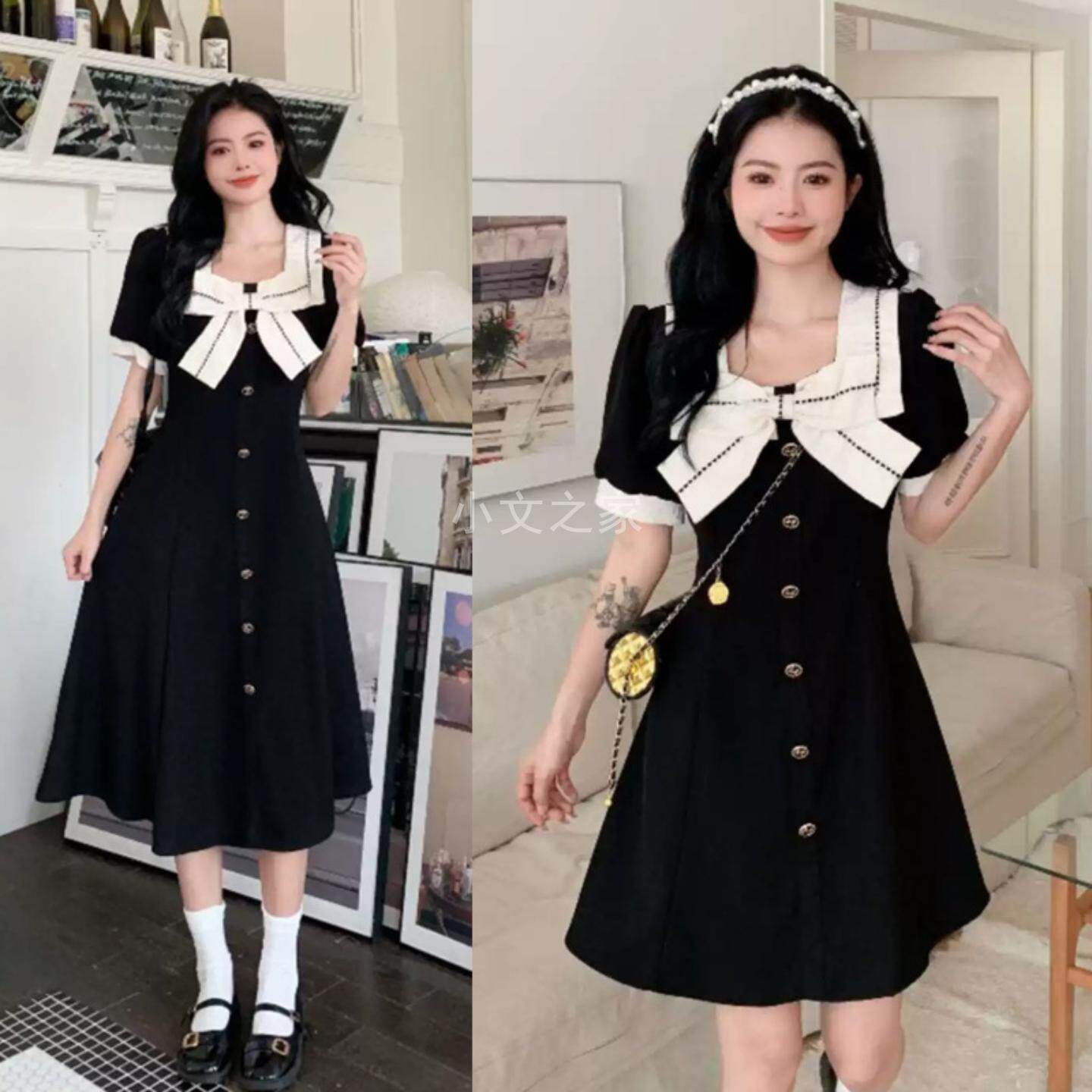 赫本风方领结饰复古连衣裙女夏季