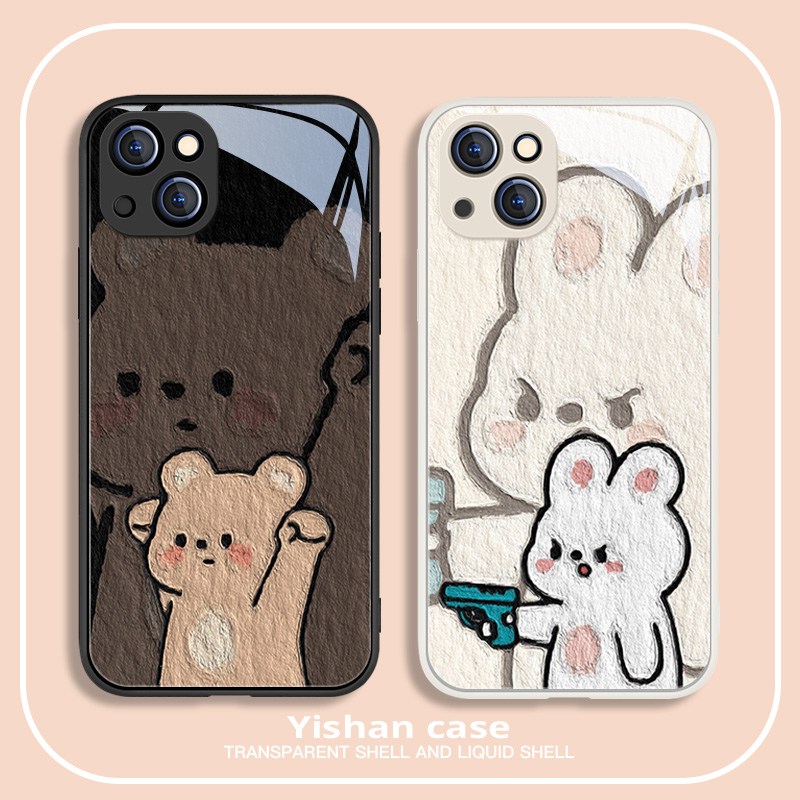 适用苹果16/13手机壳15情侣iPhone14promax新款12mini小熊兔子xs油画风11可爱8plus7液态玻璃xr高级感x卡通6s