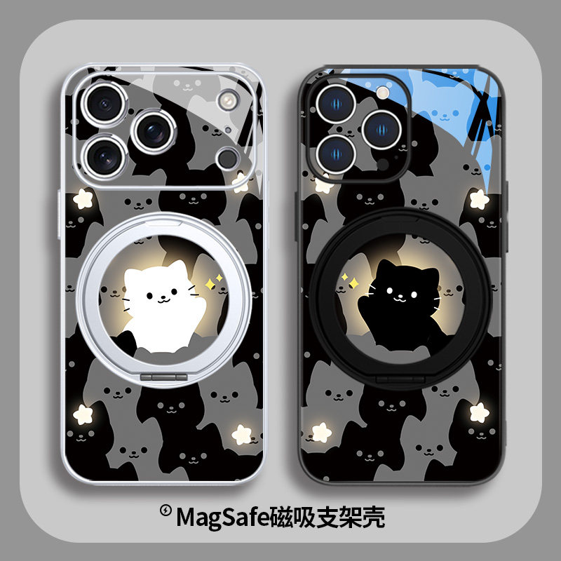 满屏猫咪适用苹果17系列手机壳15新款iPhone16promax磁吸带支架14plus情侣13pro黑色12玻璃MagSafe无线充电套