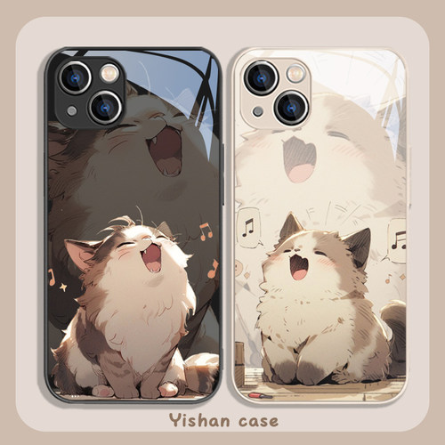 适用苹果玻璃可爱猫咪手机壳
