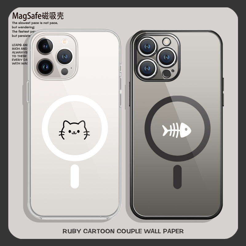 线条小猫情侣磁吸手机壳适用苹果