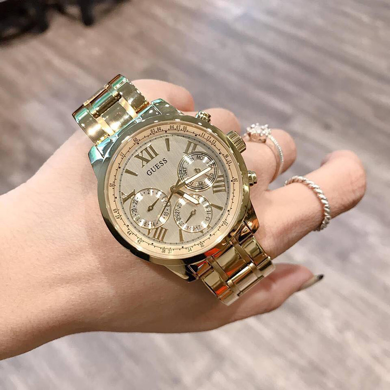 正品代购盖斯GUESS U0330L1金色钢带三眼多功能大表盘石英手表女