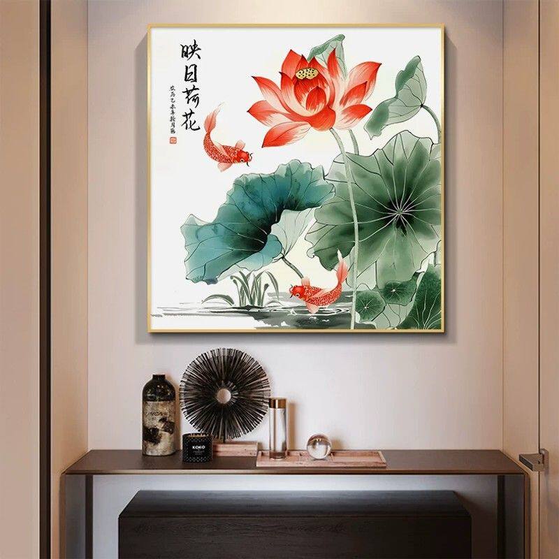新中式九鱼图装饰画 年年有余墙面招财画作 布纹膜高清单幅艺术画