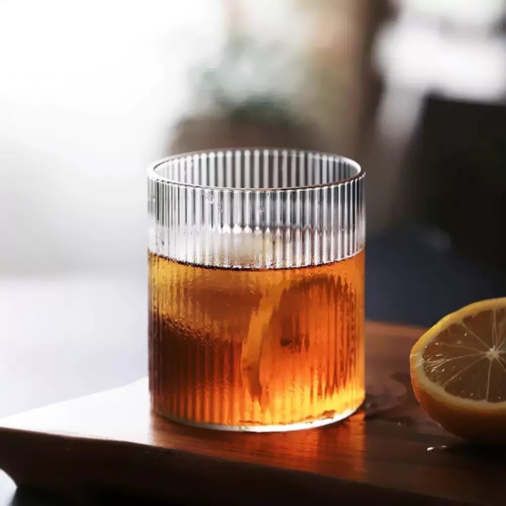 日式竖条纹玻璃茶杯筋纹杯茶具网红水杯洋酒威士忌酒杯ins风北欧