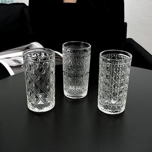 浮雕字果汁玻璃杯复古北欧风咖啡杯奶茶米杯水杯冷饮牛奶田园网红