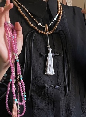 新中式国风串珠项链檀木紫色琉璃珠斜挎链古风禅意毛衣链文艺配饰