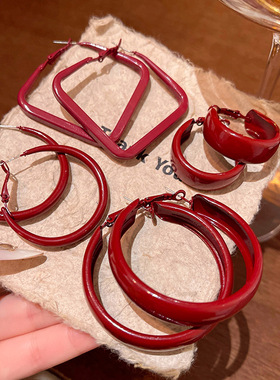 新年喜庆安可拉红色几何形耳环女个性百搭气质高级耳圈耳钉耳饰品