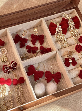 适合过年戴的红色蝴蝶结流苏耳钉女方圆脸耳环秋冬轻奢高级感耳饰