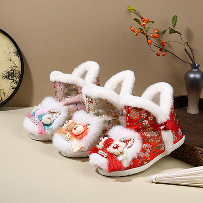 汉服鞋女童冬季棉鞋国风手工虎头鞋子配马面裙鞋加绒中筒短靴