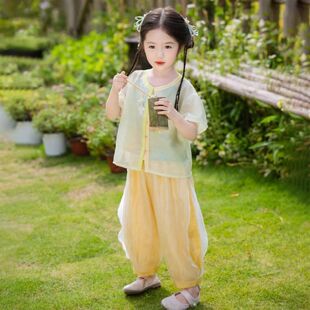 改良汉服童装女童新中式国风汉元素服装薄款黄绿色套装女宝宝日常