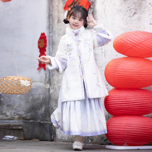 原创女童汉服刺绣长款外套马面裙套装冬立领重工明制加厚过年紫色