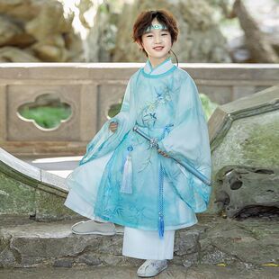 男童汉服明制刺绣蓝袍白长袍套装中国风古装国学服带抹额古风少爷