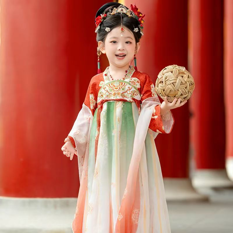 云瑶汉服女童长袖刺绣襦裙儿童古风红绿渐变连衣裙小女孩古装中秋,童装/婴儿装/亲子装,汉服,淘宝优惠券,粉丝福利购,淘宝优惠卷
