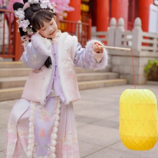 紫樱萌汉服女童冬装加绒对襟上衣马面裙套装儿童粉紫色古装拜年服