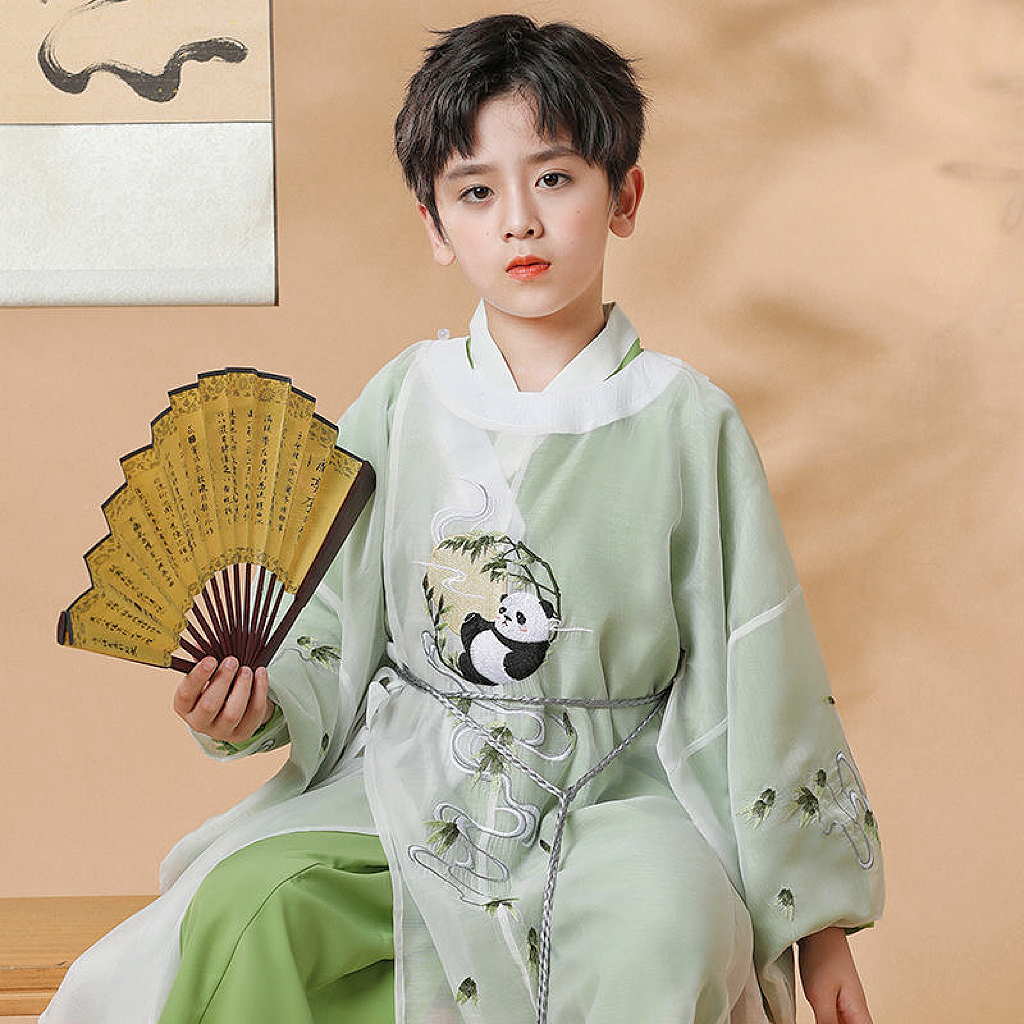 男童汉服夏季款中国风古装儿童唐装男孩国学服装演出绿色熊猫刺绣