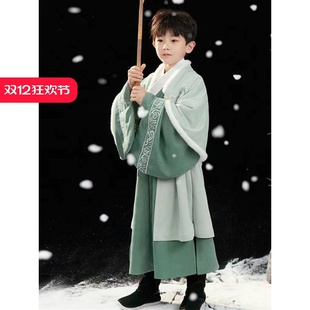 套装 男童汉服明代宋制草绿加绒加厚小少爷长袍2026新款 国风新中式
