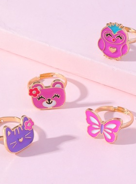 ins韩版新款可爱开口可调节独角兽爱心戒指百搭蝴蝶彩虹儿童戒指