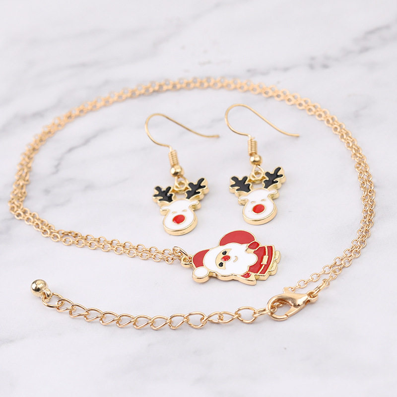 创意新款热销滴油圣诞老人麋鹿项链耳坠套装儿童同学友谊创意配饰