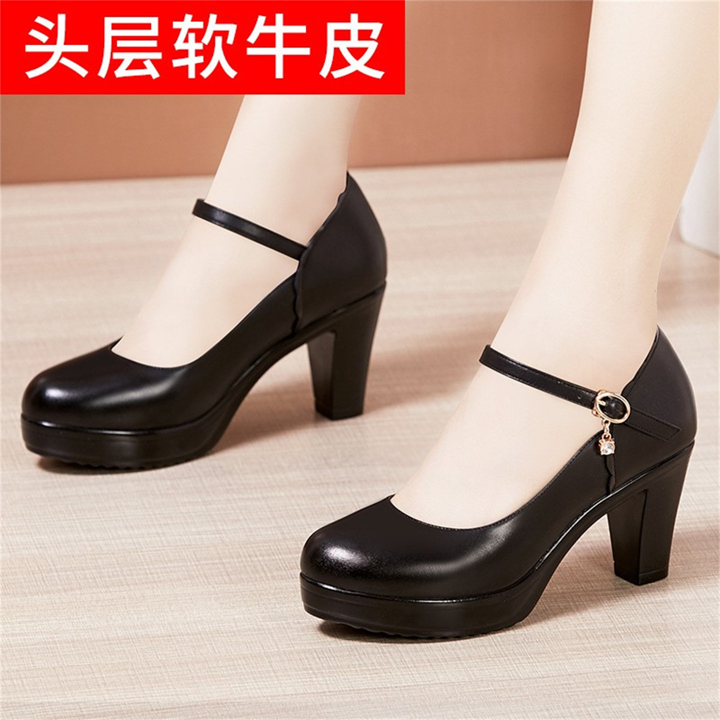 圆头中跟模特t台走秀高跟鞋女黑色高跟粗跟大码真皮旗袍秀专用鞋