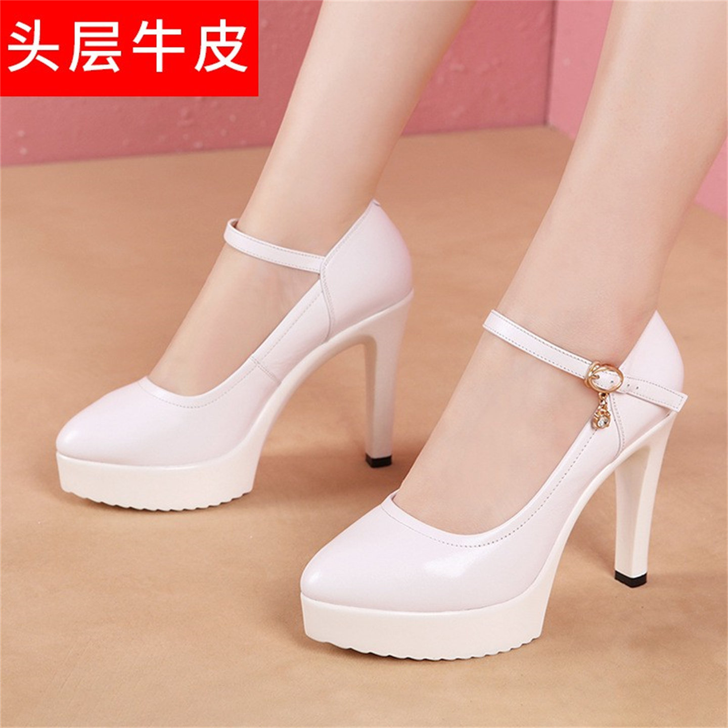 白色真皮高跟尖头单鞋模特旗袍细跟防水台舞台表演鞋T台走秀鞋女