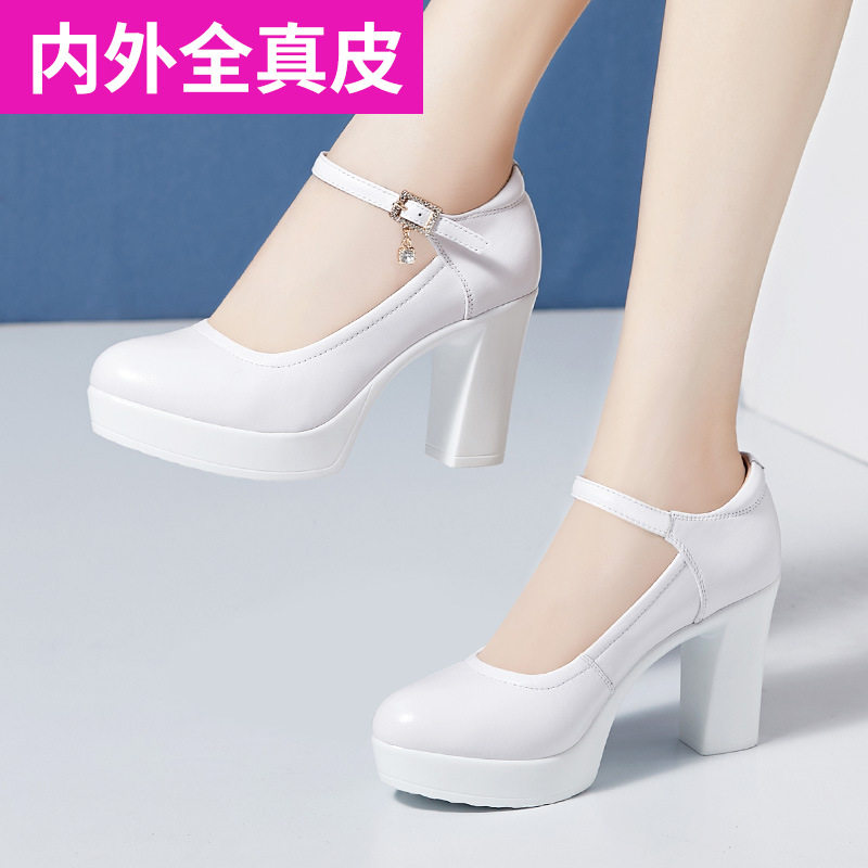 高跟软牛皮防水台真皮粗跟工作女鞋白色圆头演出模特旗袍走秀单鞋