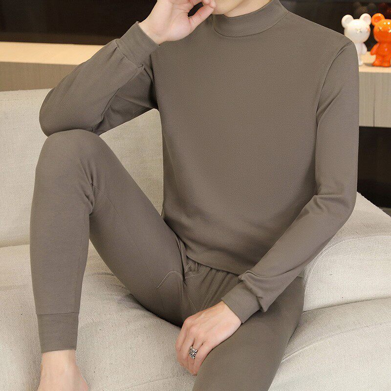 半高领纯棉保暖内衣套装男士秋冬季宽松大码毛衫打底红色秋衣秋裤