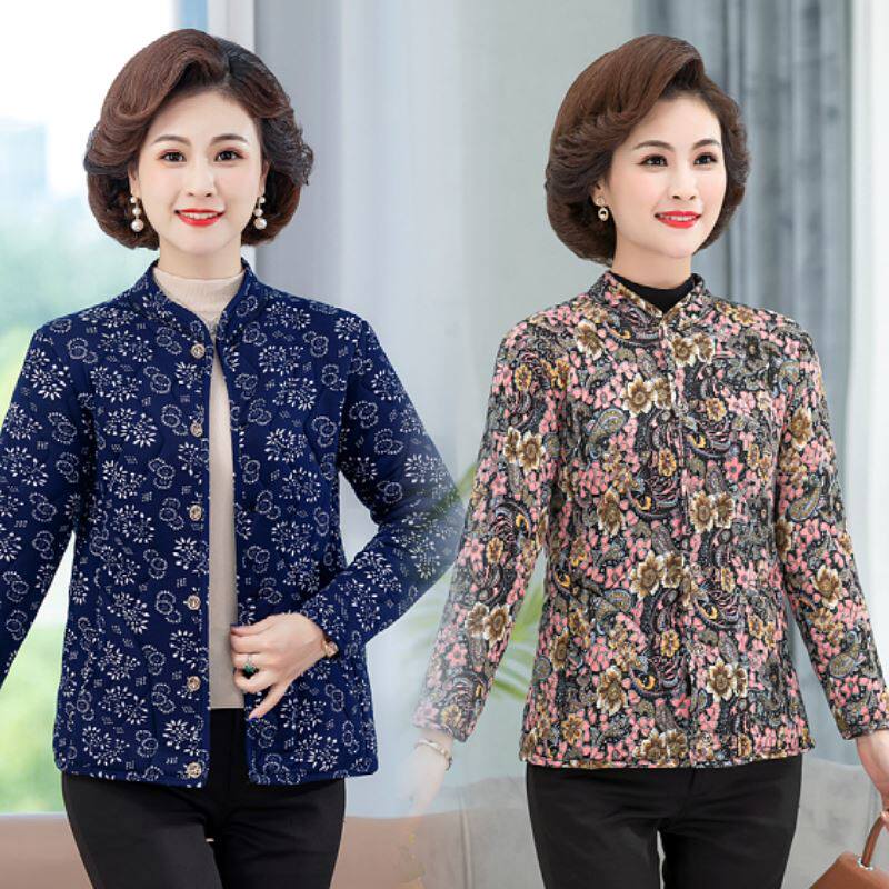 冬季中老年人绒棉内胆棉衣妈妈保暖奶奶宽松小棉袄女士印花外套