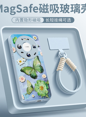 适用于华为mate80promax手机壳油画绿色蝴蝶mate70pro+磁吸带挂绳新款mate60高级感mate80pro玻璃全包保护套