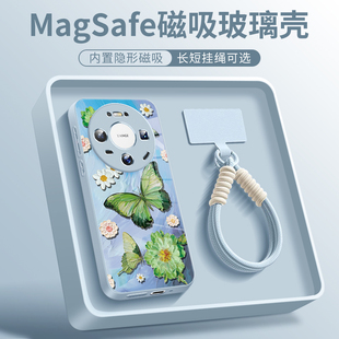 适用于华为mate80promax手机壳油画绿色蝴蝶mate70pro+磁吸带挂绳新款mate60高级感mate80pro玻璃全包保护套