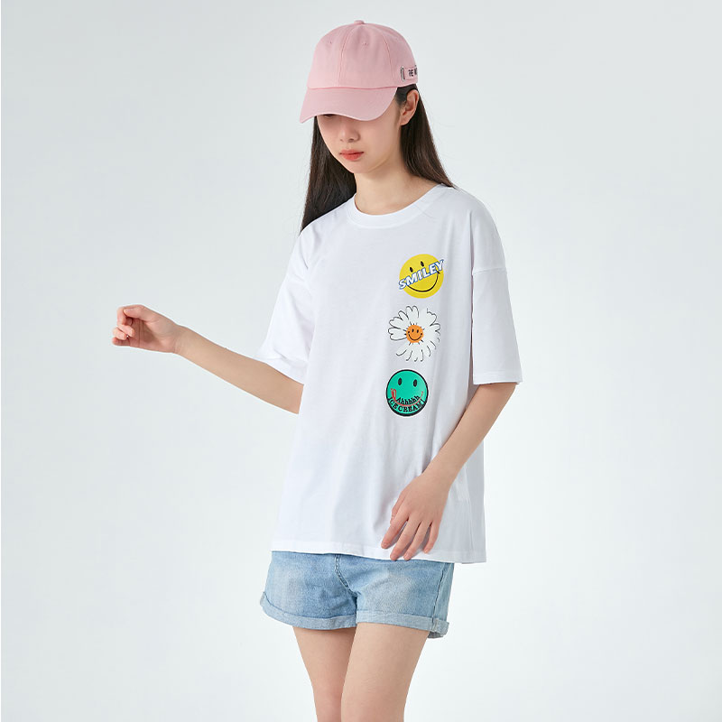 Summer new multi-color smiling face printing simple loose aging Korean casual T-shirt top beb womens wear